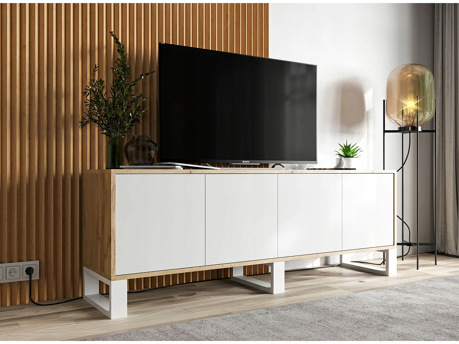 Meuble TV avec 4 portes - carcasse chêne wotan façades blanc mat - 150 cm, pieds en métal