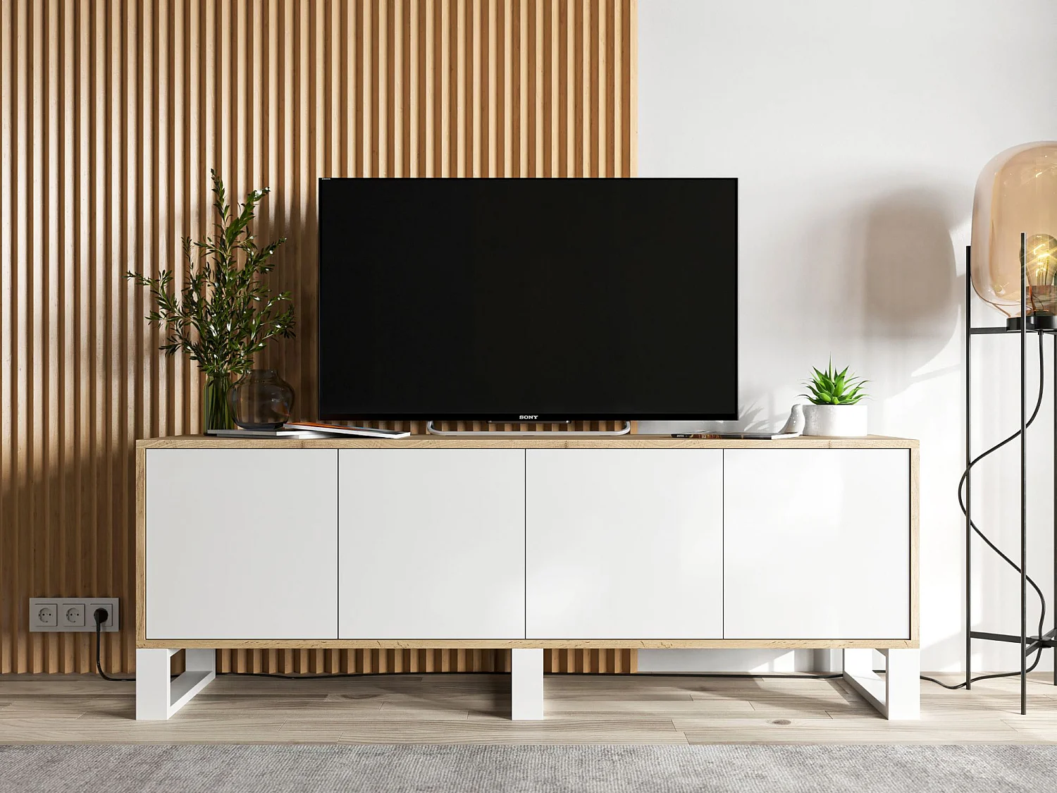 Meuble TV avec 4 portes - carcasse chêne wotan façades blanc mat - 150 cm, pieds en métal