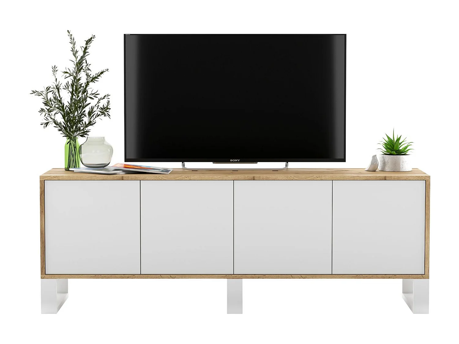 TV-Schrank mit 4 Türen – Korpus Eiche Wotan, Fronten Mattweiß – 150 cm, Metallfüße