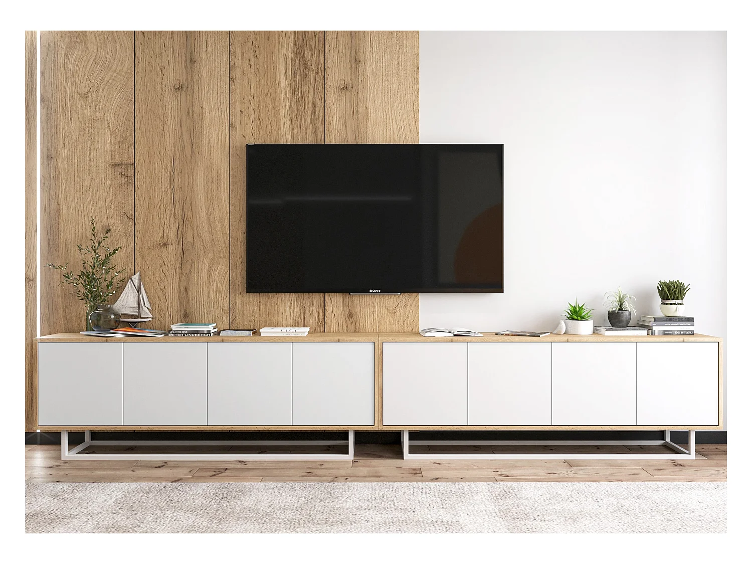 Meuble TV avec 8 portes  - carcasse chêne wotan façades blanc mat - 300 cm, cadre métallique