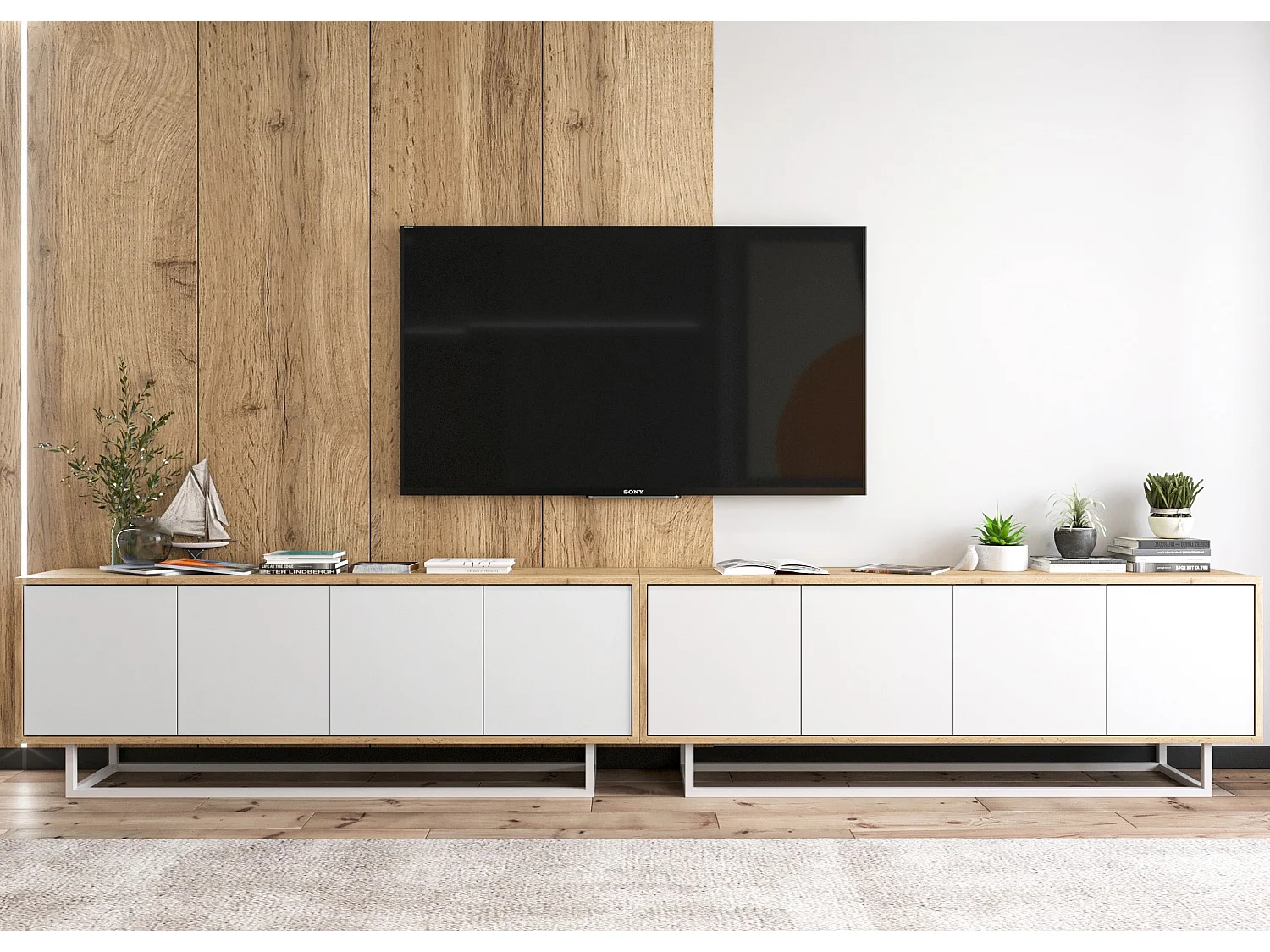 Móvel de TV com 8 portas - corpo carvalho wotan, frentes branco mate - 300 cm, estrutura metálica