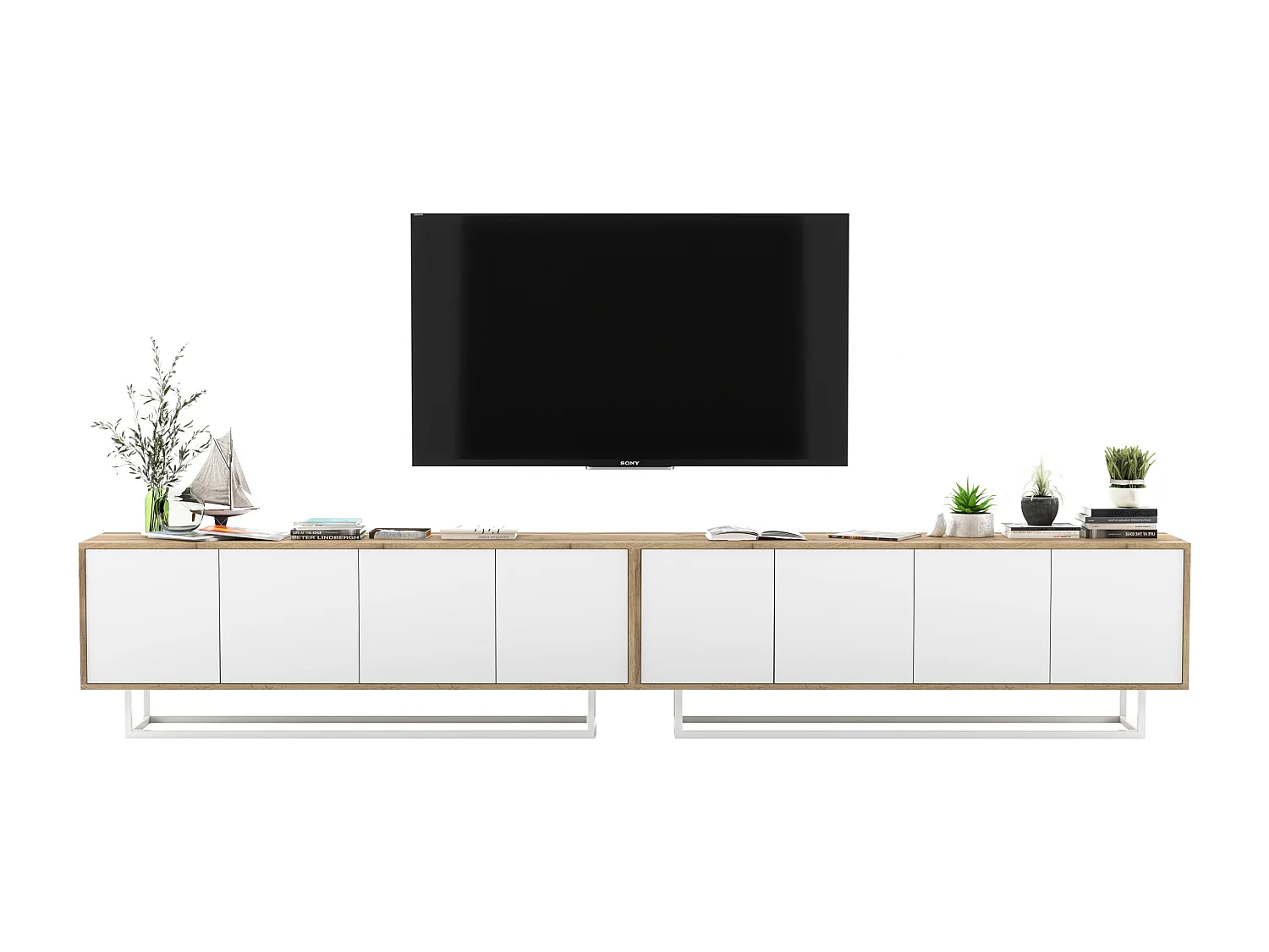 Móvel de TV com 8 portas - corpo carvalho wotan, frentes branco mate - 300 cm, estrutura metálica