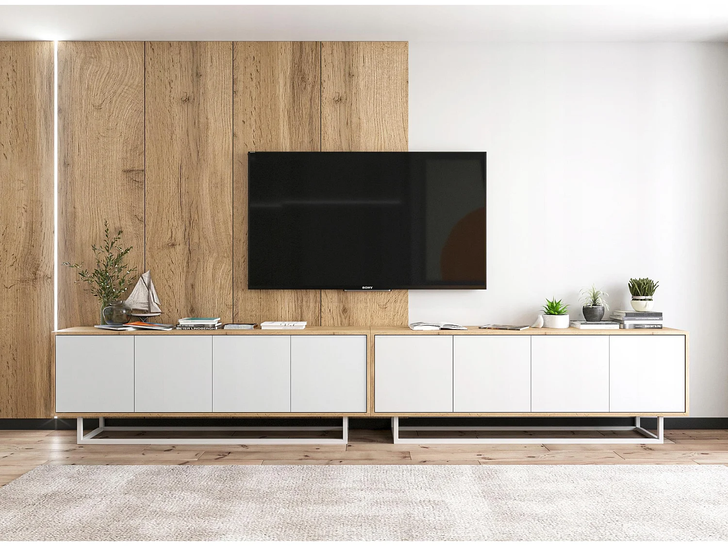 Móvel de TV com 8 portas - corpo carvalho wotan, frentes branco mate - 300 cm, estrutura metálica