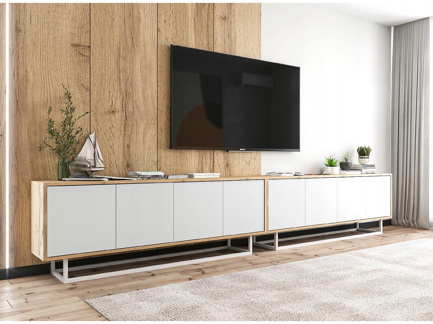 Móvel de TV com 8 portas - corpo carvalho wotan, frentes branco mate - 300 cm, estrutura metálica