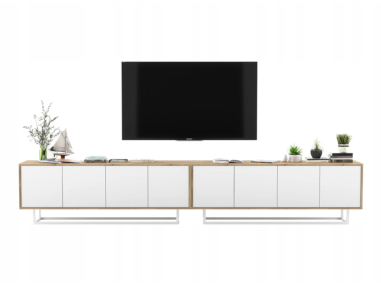 Meuble TV avec 8 portes  - carcasse chêne wotan façades blanc mat - 300 cm, cadre métallique