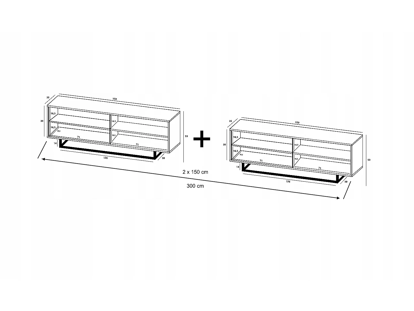 Meuble TV avec 8 portes  - carcasse chêne wotan façades blanc mat - 300 cm, cadre métallique