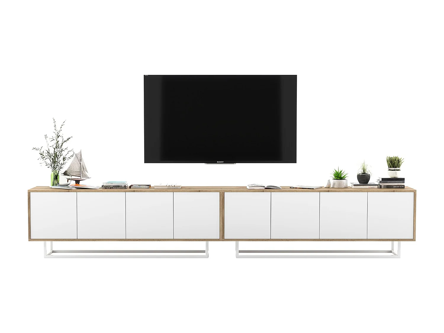 Meuble TV avec 8 portes  - carcasse chêne wotan façades blanc mat - 300 cm, cadre métallique