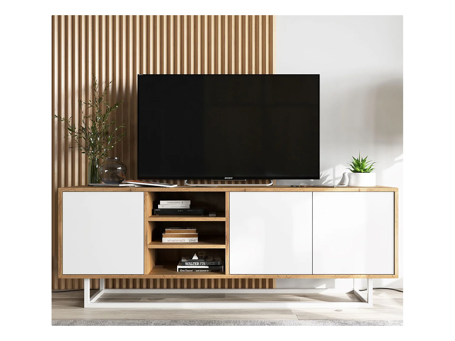 Meuble TV avec 3 portes et 1 niches - carcasse chêne wotan façades blanc mat - 150 cm, cadre métallique