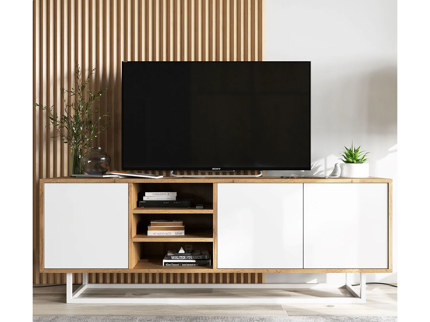 Meuble TV avec 3 portes et 1 niches - carcasse chêne wotan façades blanc mat - 150 cm, cadre métallique