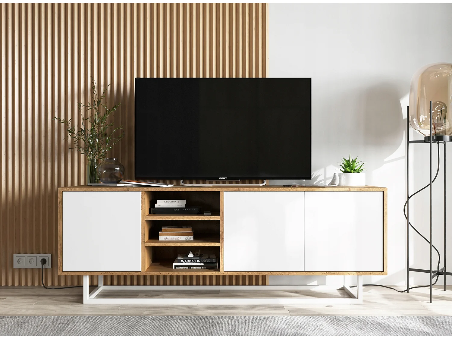 Meuble TV avec 3 portes et 1 niches - carcasse chêne wotan façades blanc mat - 150 cm, cadre métallique