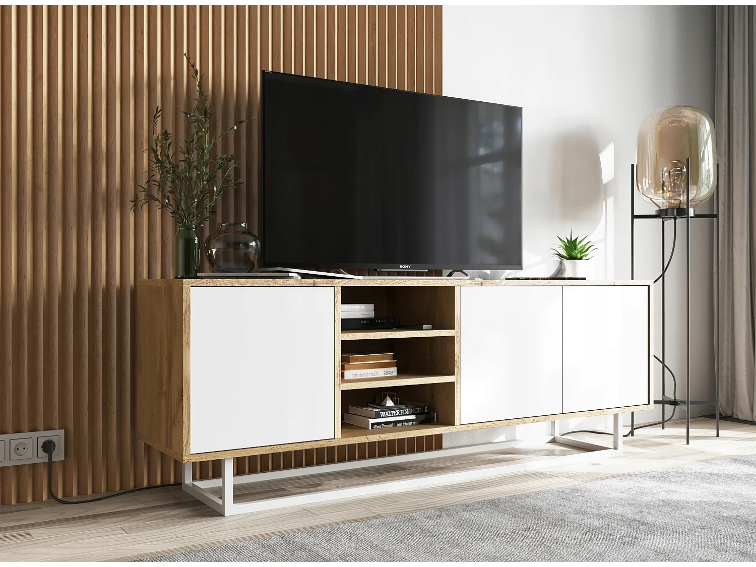 Meuble TV avec 3 portes et 1 niches - carcasse chêne wotan façades blanc mat - 150 cm, cadre métallique