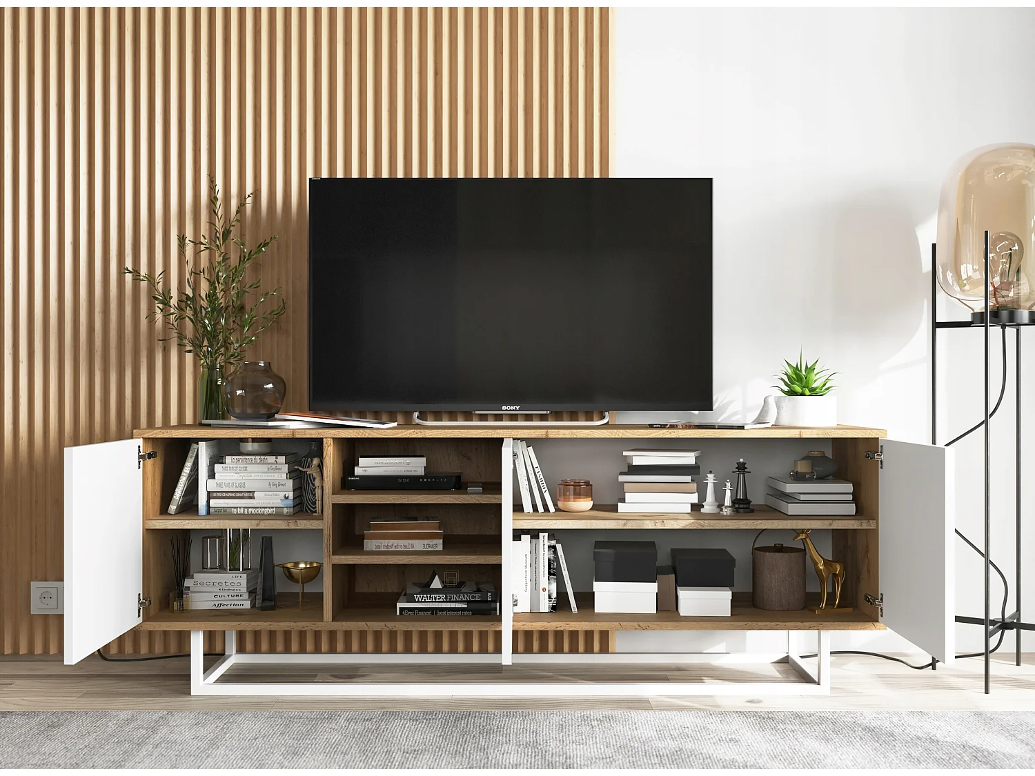 Meuble TV avec 3 portes et 1 niches - carcasse chêne wotan façades blanc mat - 150 cm, cadre métallique