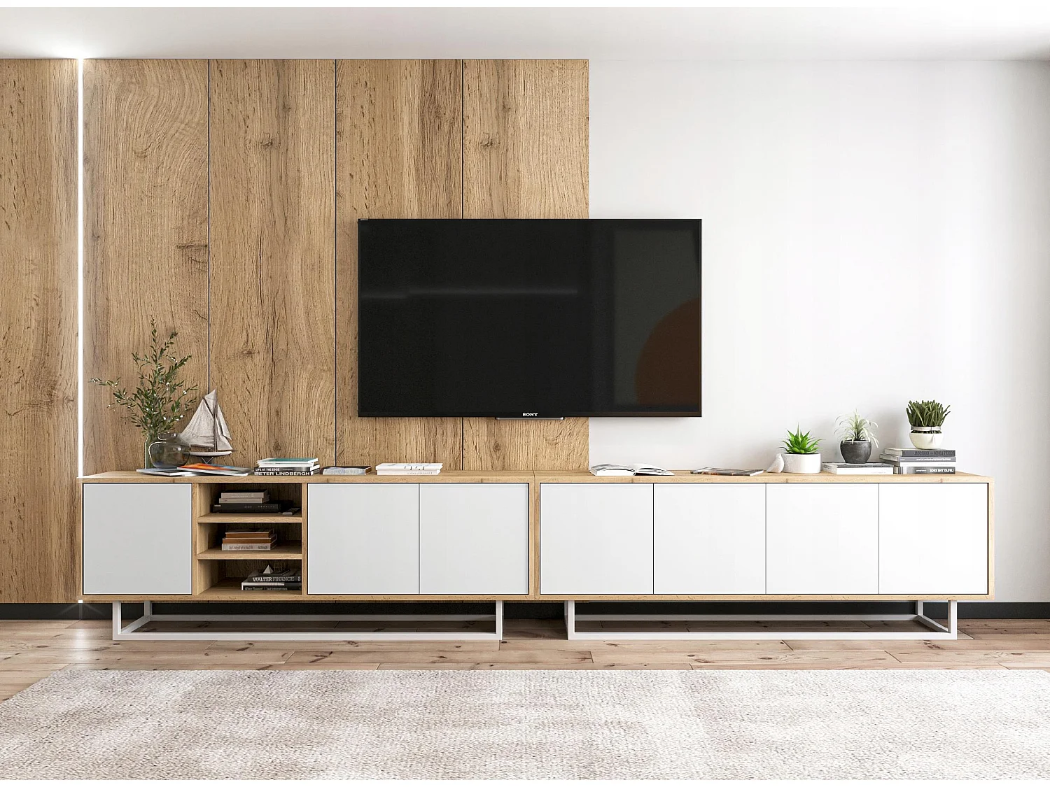 Meuble TV avec 3 portes et 1 niches - carcasse chêne wotan façades blanc mat - 150 cm, cadre métallique