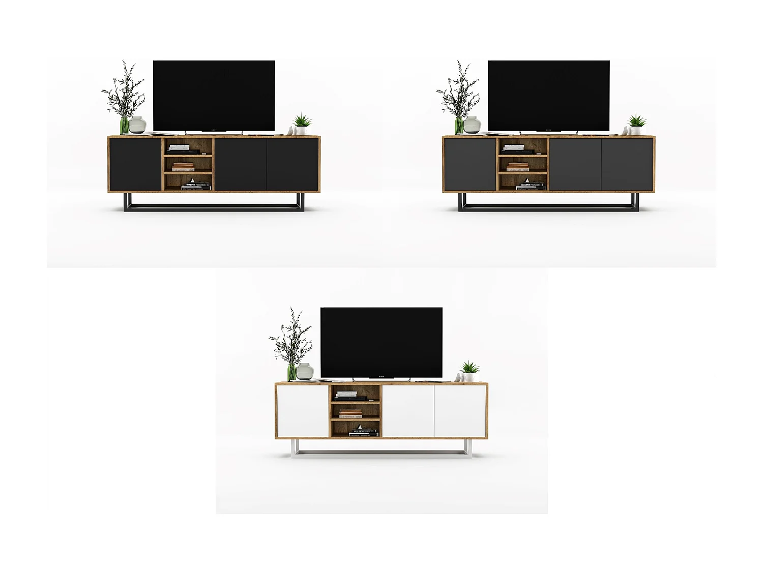 Meuble TV avec 3 portes et 1 niches - carcasse chêne wotan façades blanc mat - 150 cm, cadre métallique