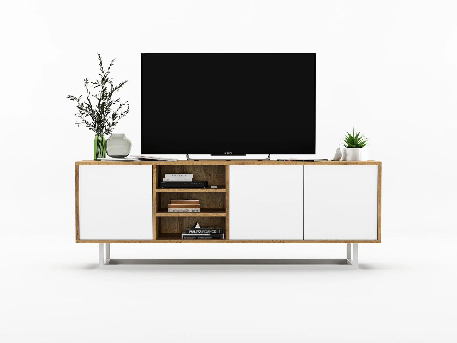 Meuble TV avec 3 portes et 1 niches - carcasse chêne wotan façades blanc mat - 150 cm, cadre métallique