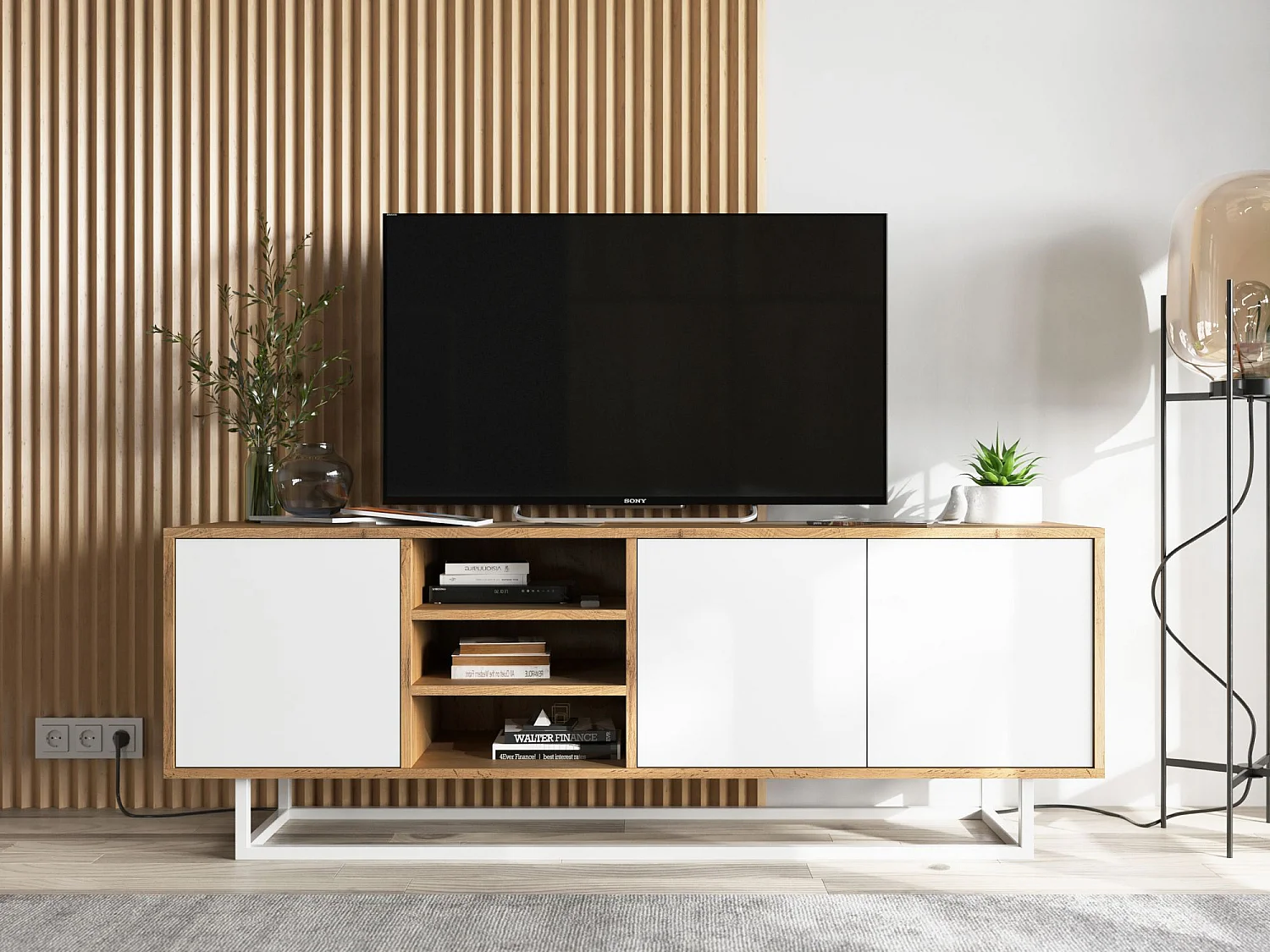 Meuble TV avec 3 portes et 1 niches - carcasse chêne wotan façades blanc mat - 150 cm, cadre métallique