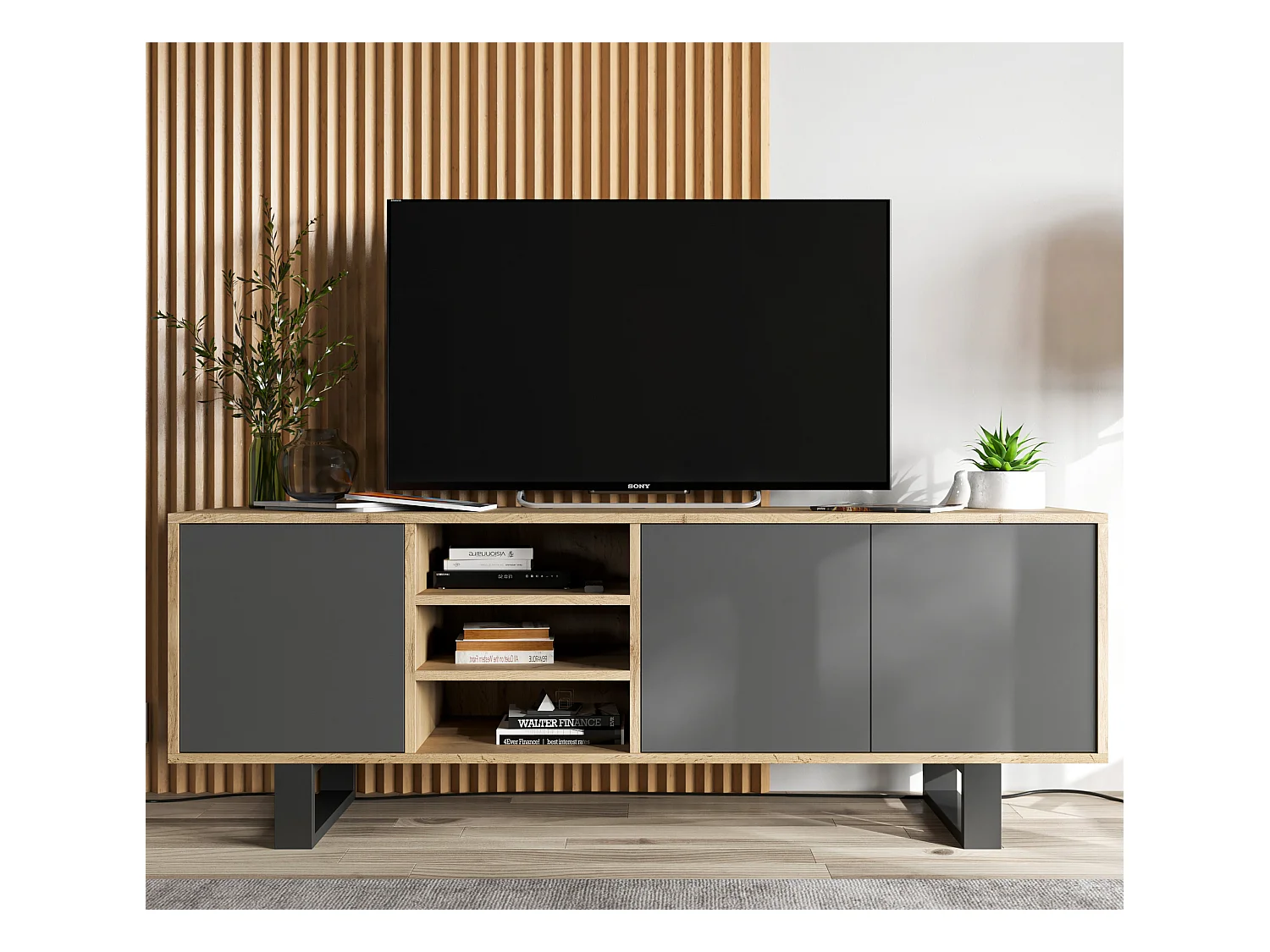 Meuble TV avec 3 portes et 1 niches - carcasse chêne wotan façades graphite mat - 150 cm, pieds en métal