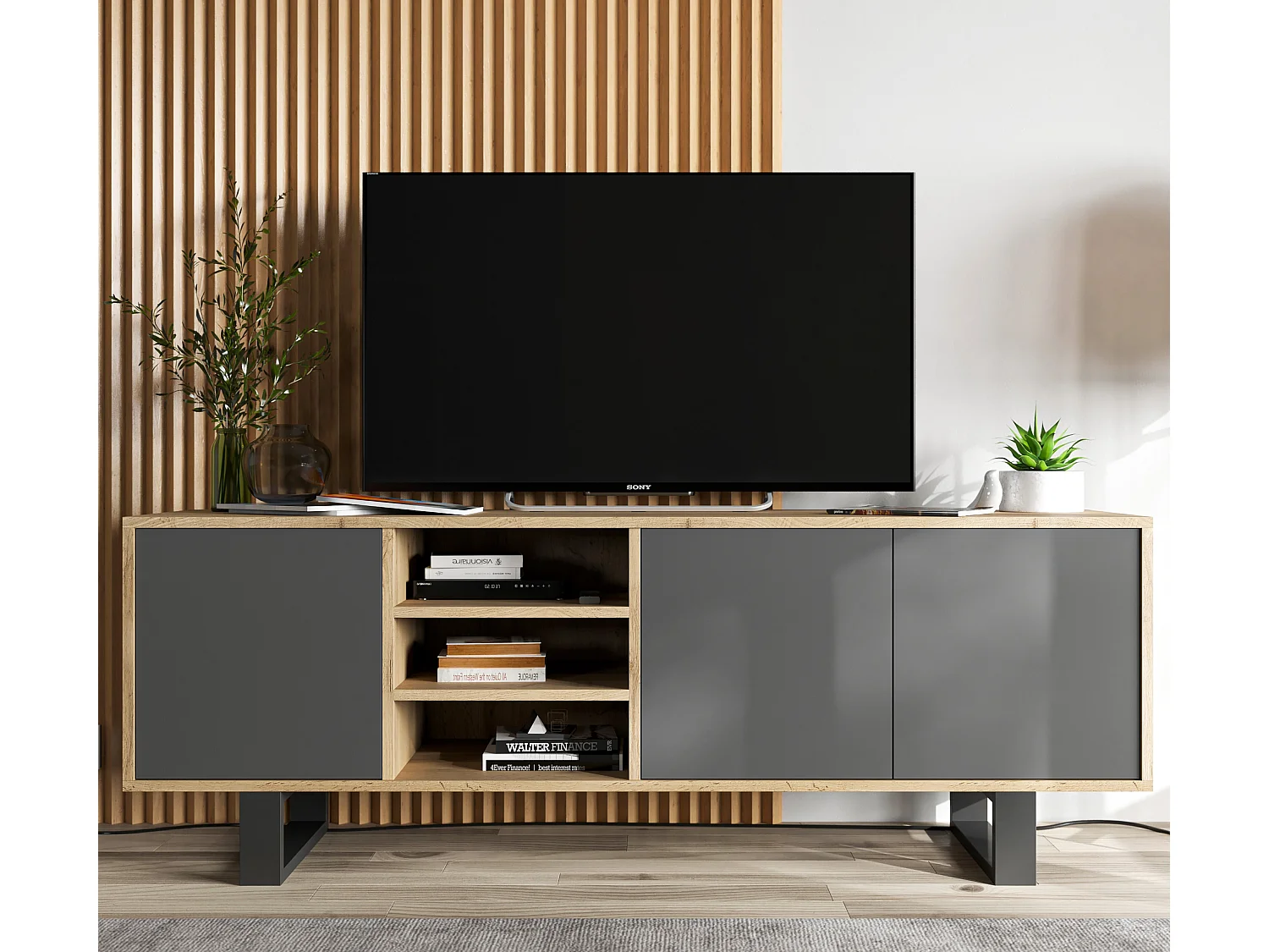 Meuble TV avec 3 portes et 1 niches - carcasse chêne wotan façades graphite mat - 150 cm, pieds en métal