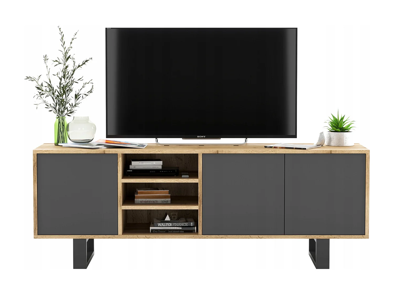 Meuble TV avec 3 portes et 1 niches - carcasse chêne wotan façades graphite mat - 150 cm, pieds en métal