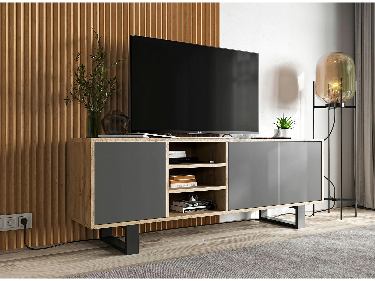 Meuble TV avec 3 portes et 1 niches - carcasse chêne wotan façades graphite mat - 150 cm, pieds en métal