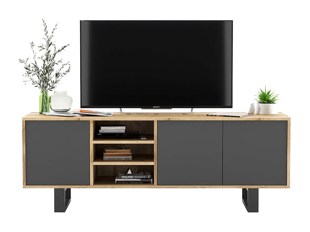 Mobile TV con 3 ante e 1 vano - struttura rovere wotan frontali grafite opaco - 150 cm, gambe in metallo
