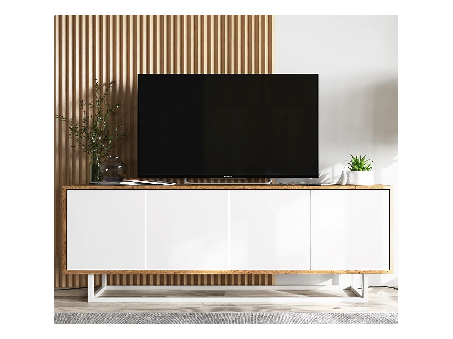 Meuble TV avec 4 portes  - carcasse chêne wotan façades blanc mat - 150 cm, cadre métallique