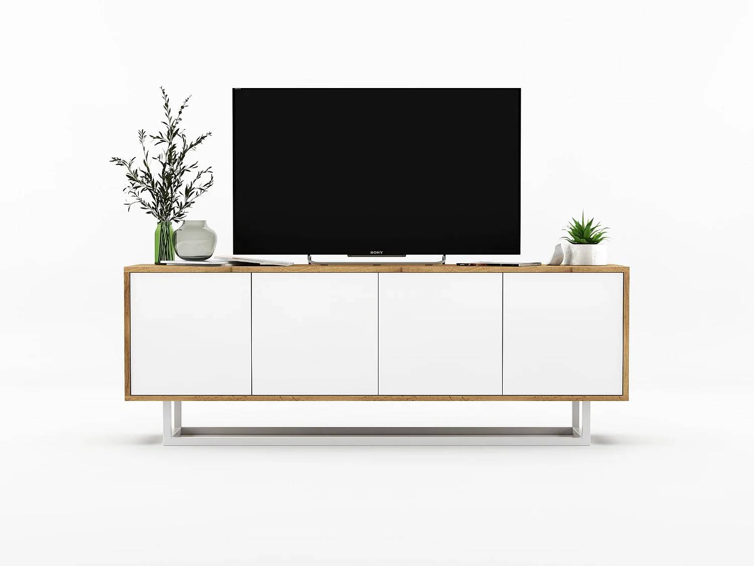 Meuble TV avec 4 portes  - carcasse chêne wotan façades blanc mat - 150 cm, cadre métallique