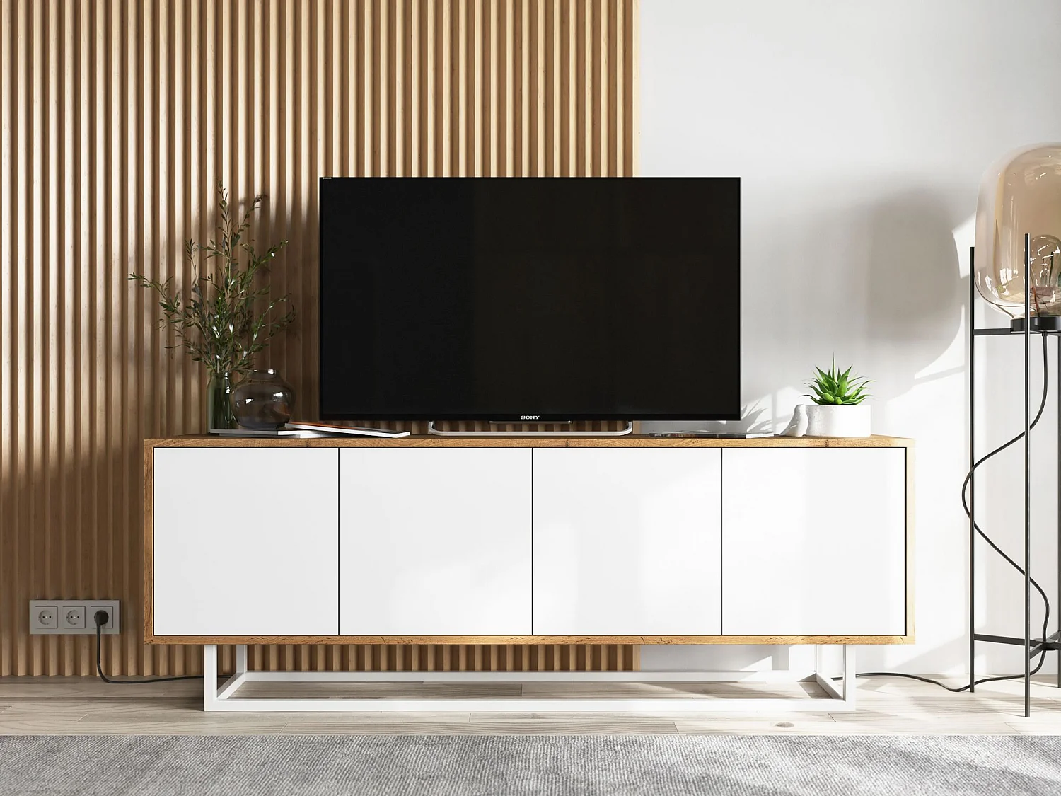 Meuble TV avec 4 portes  - carcasse chêne wotan façades blanc mat - 150 cm, cadre métallique