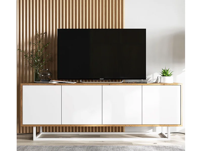 Meuble TV avec 4 portes  - carcasse chêne wotan façades blanc mat - 150 cm, cadre métallique