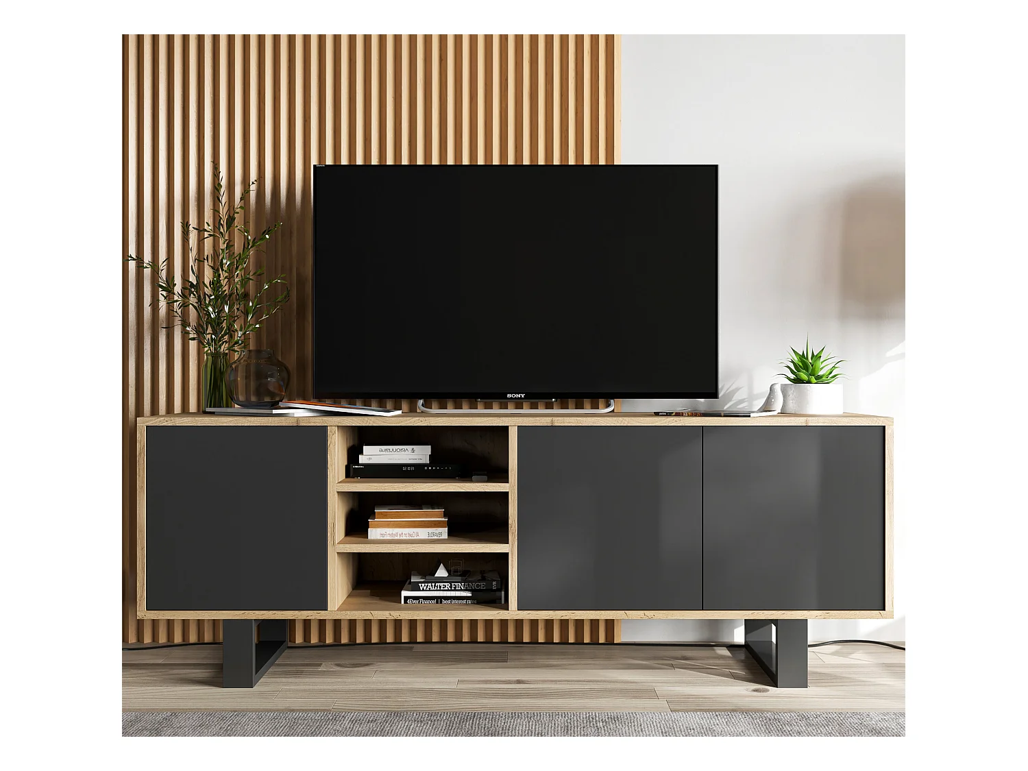 Meuble TV avec 3 portes et 1 niches - carcasse chêne wotan façades noir mat - 150 cm, pieds en métal