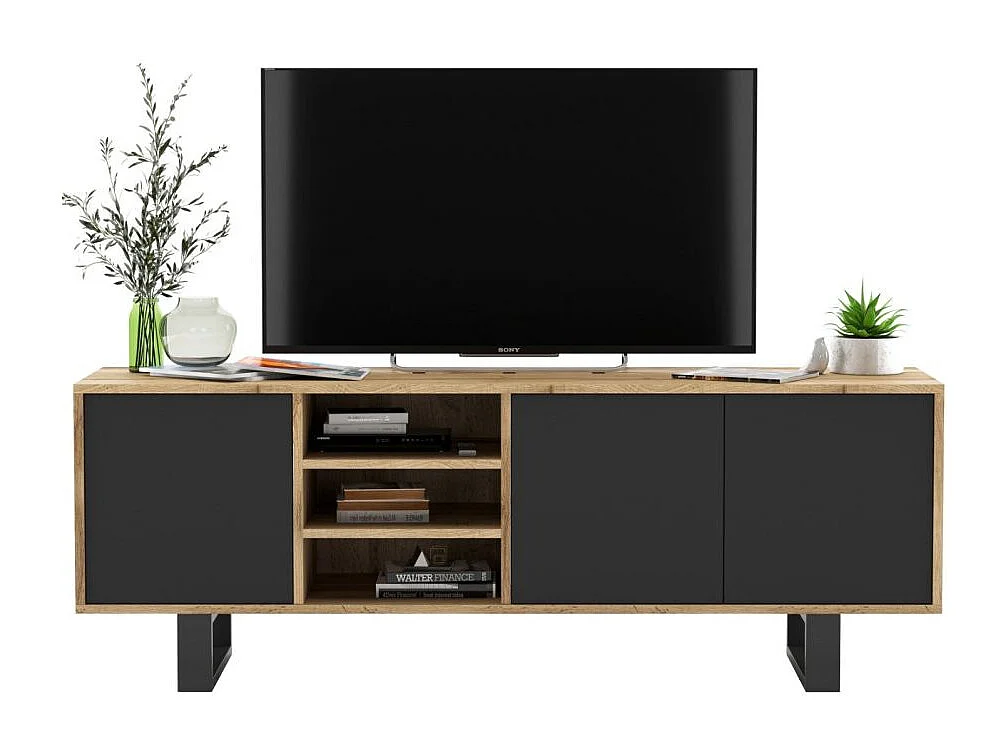 Meuble TV avec 3 portes et 1 niches - carcasse chêne wotan façades noir mat - 150 cm, pieds en métal
