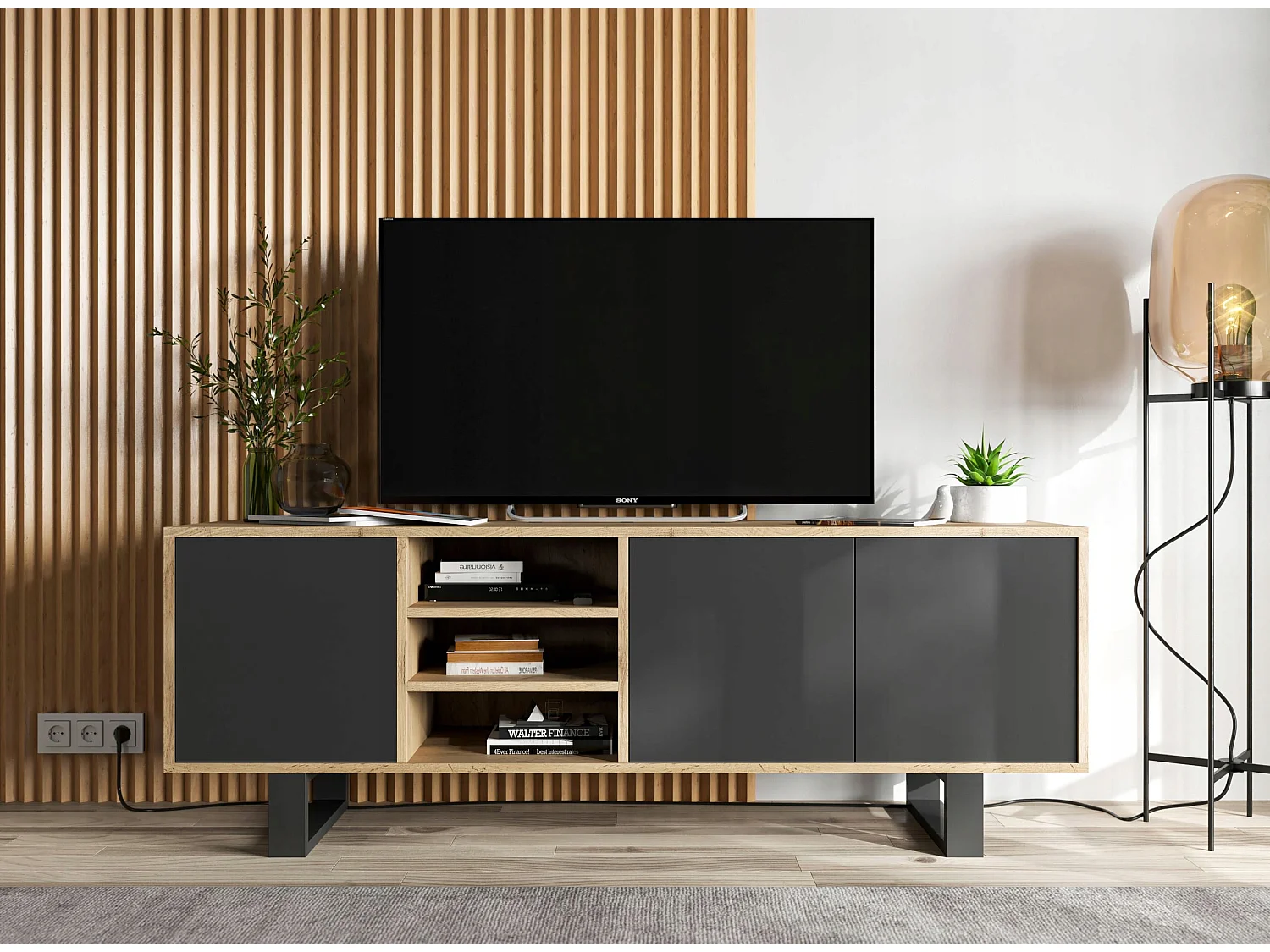 Meuble TV avec 3 portes et 1 niches - carcasse chêne wotan façades noir mat - 150 cm, pieds en métal