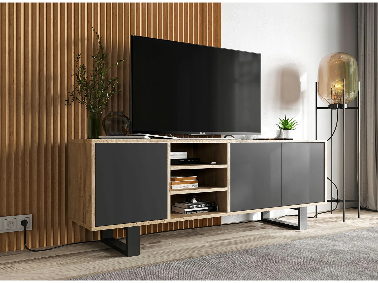 Meuble TV avec 3 portes et 1 niches - carcasse chêne wotan façades noir mat - 150 cm, pieds en métal