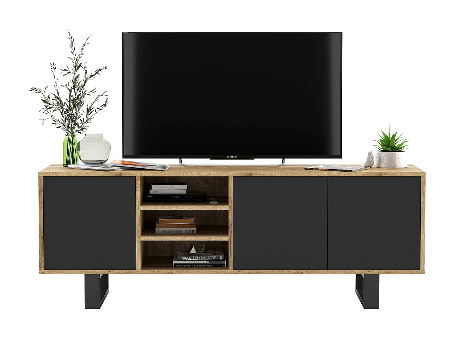 Mobile TV con 3 ante e 1 vano – struttura in rovere Wotan, frontali nero opaco – 150 cm, gambe in metallo