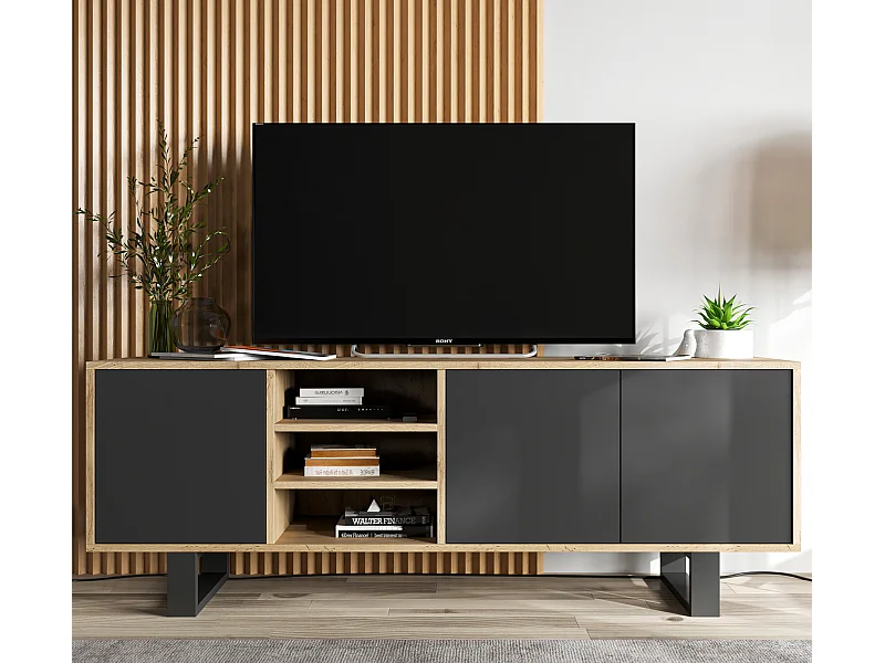 Meuble TV avec 3 portes et 1 niches - carcasse chêne wotan façades noir mat - 150 cm, pieds en métal