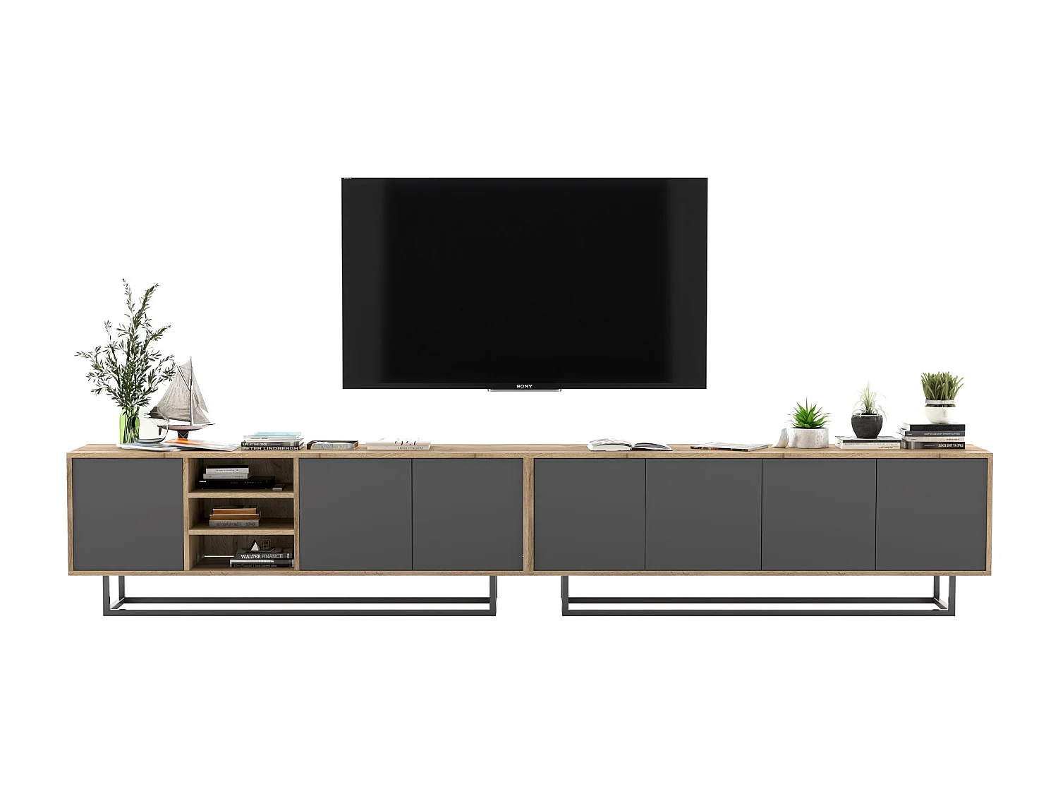 Móvel de TV com 7 portas e 1 nicho – corpo carvalho wotan, frentes grafite mate – 300 cm, estrutura metálica