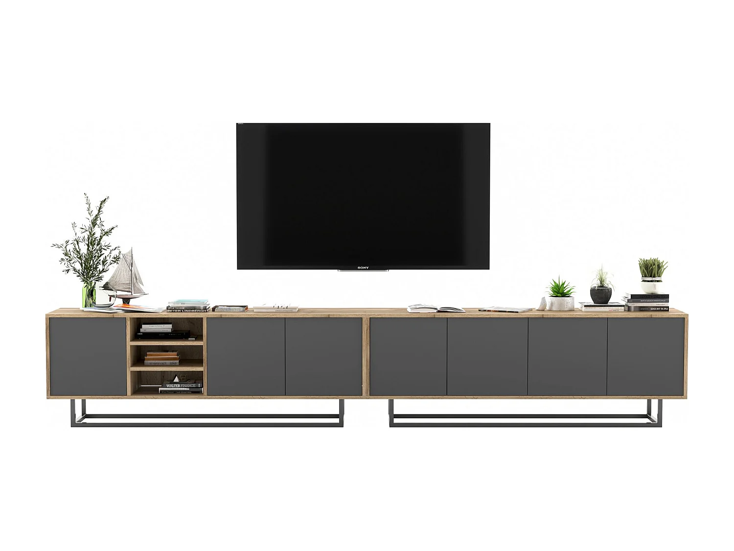 Meuble TV avec 7 portes et 1 niches - carcasse chêne wotan façades graphite mat - 300 cm, cadre métallique
