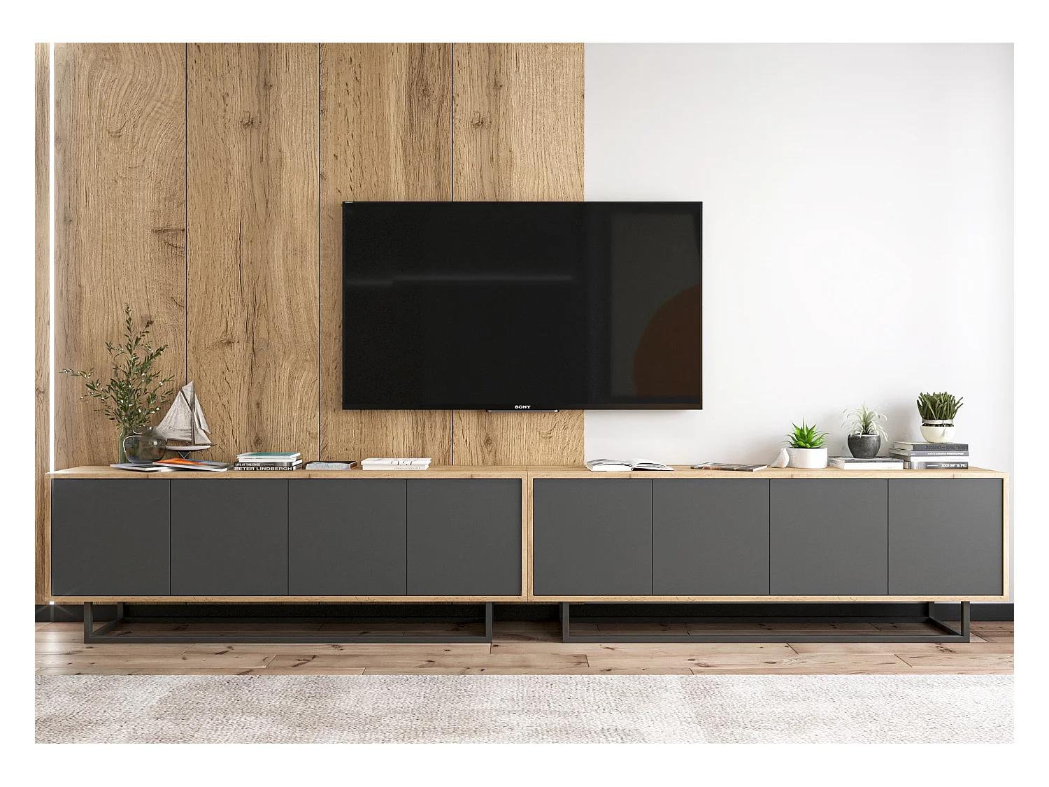Meuble TV avec 8 portes  - carcasse chêne wotan façades graphite mat - 300 cm, cadre métallique