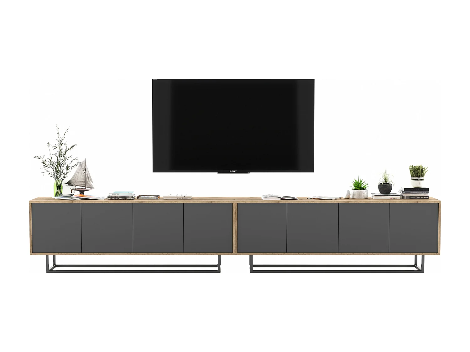 Mueble de TV con 8 puertas - cuerpo roble wotan, frentes grafito mate - 300 cm, estructura metálica