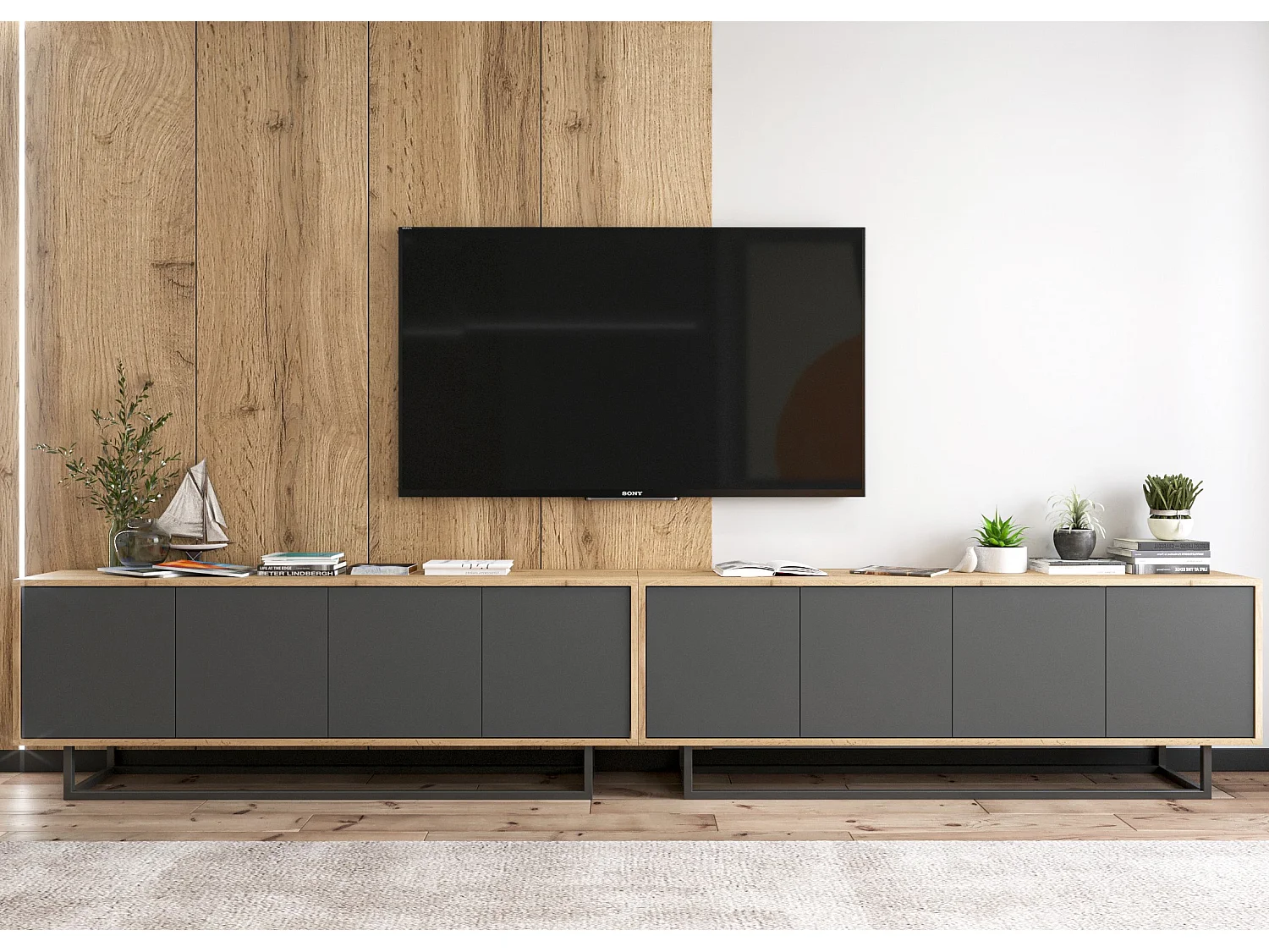 Mueble de TV con 8 puertas - cuerpo roble wotan, frentes grafito mate - 300 cm, estructura metálica