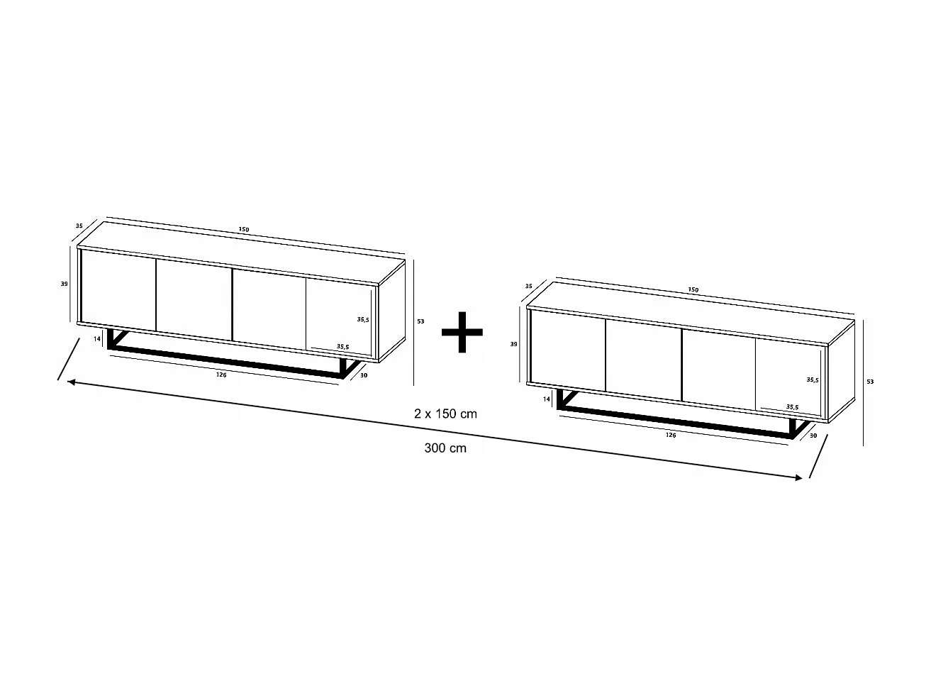 Mueble de TV con 8 puertas - cuerpo roble wotan, frentes grafito mate - 300 cm, estructura metálica