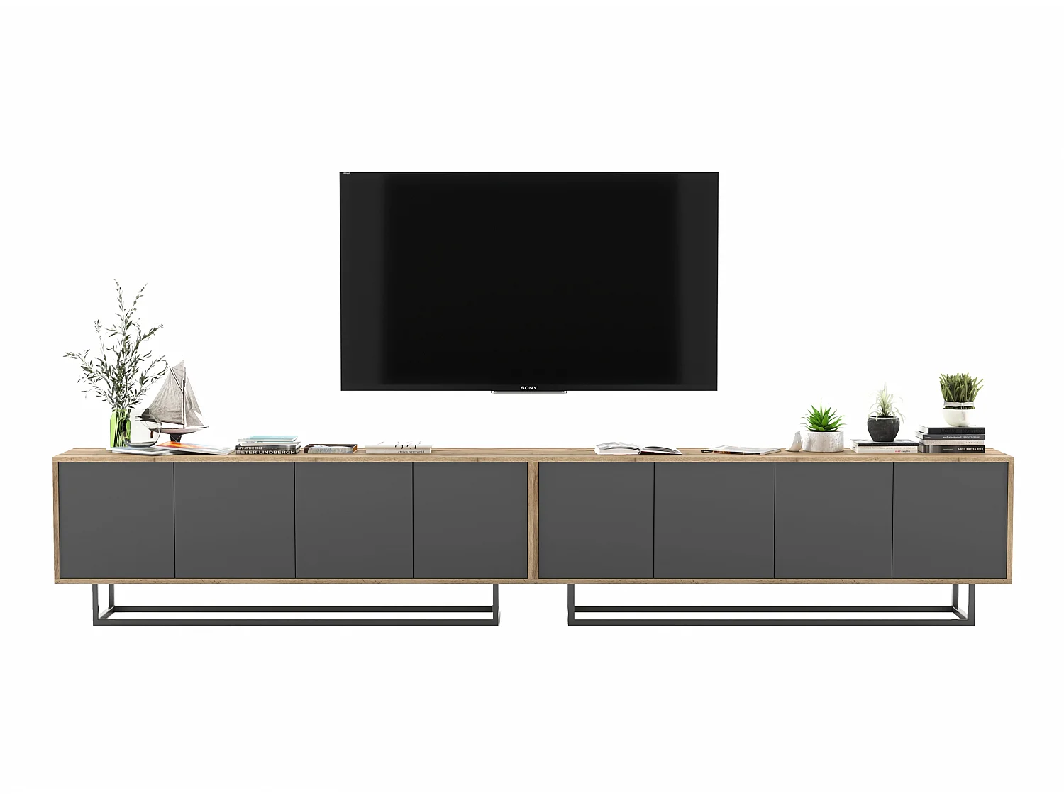 Meuble TV avec 8 portes  - carcasse chêne wotan façades graphite mat - 300 cm, cadre métallique