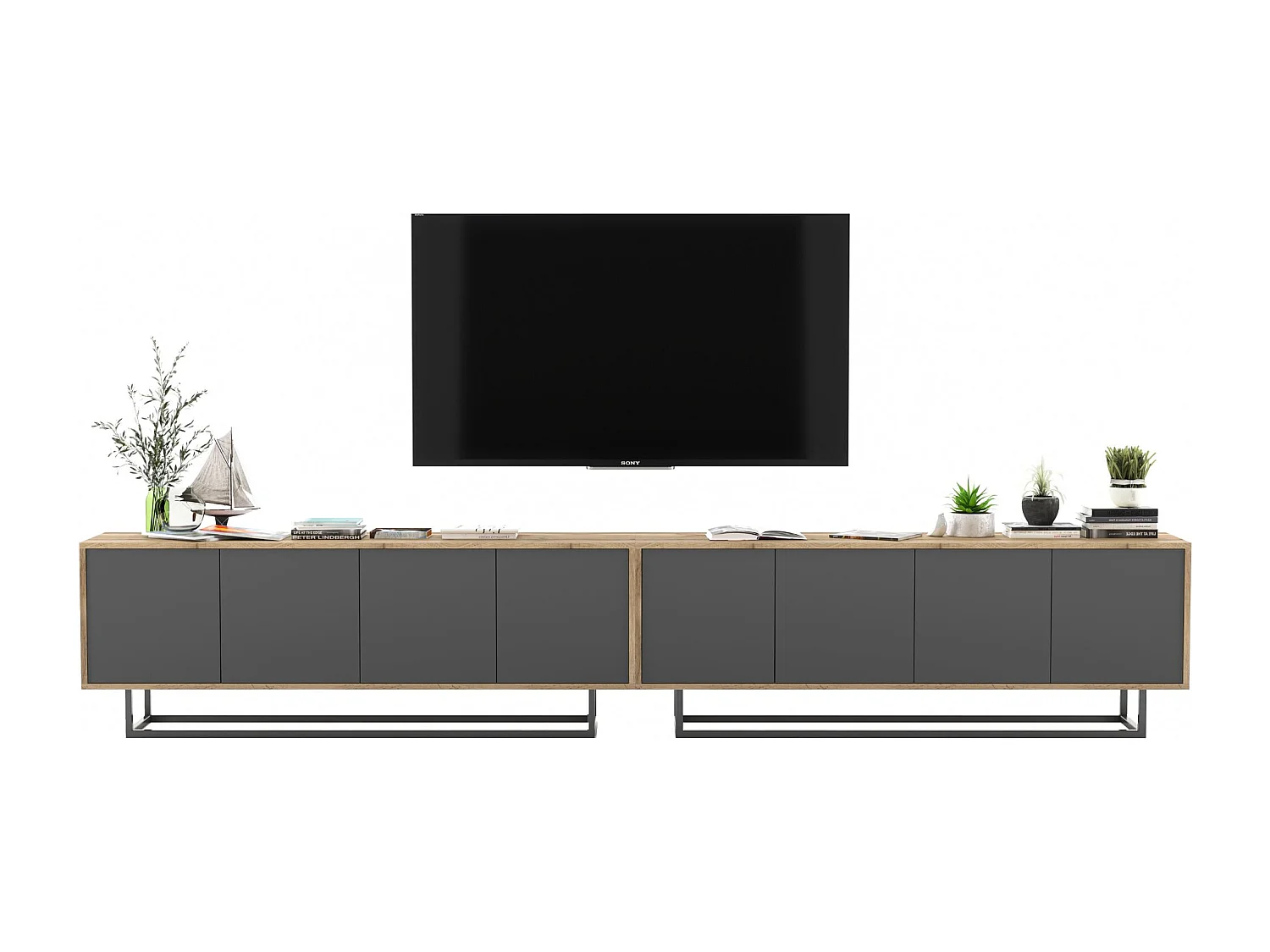 Meuble TV avec 8 portes  - carcasse chêne wotan façades graphite mat - 300 cm, cadre métallique