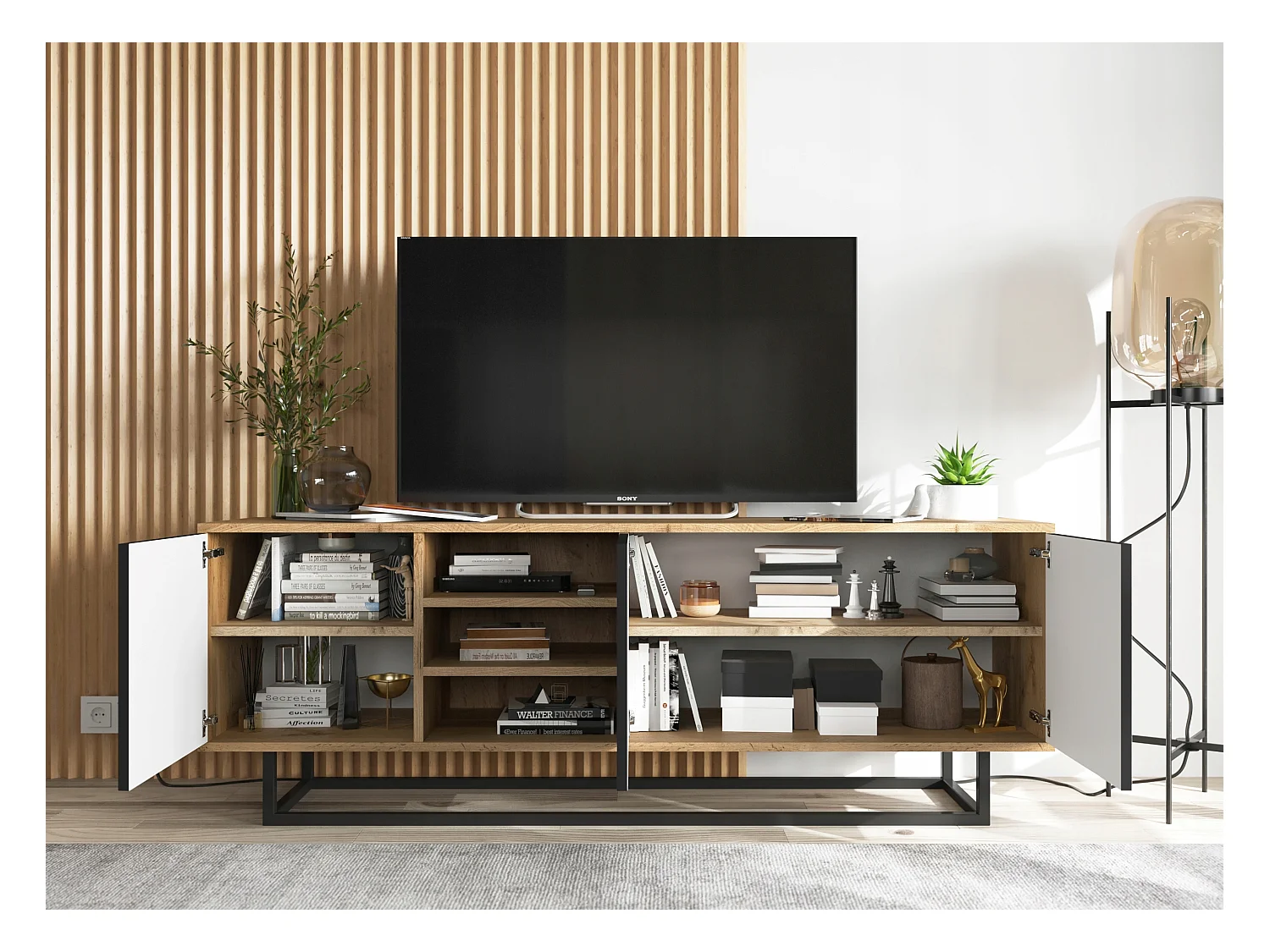 Meuble TV avec 3 portes et 1 niches - carcasse chêne wotan façades noir mat - 150 cm, cadre métallique