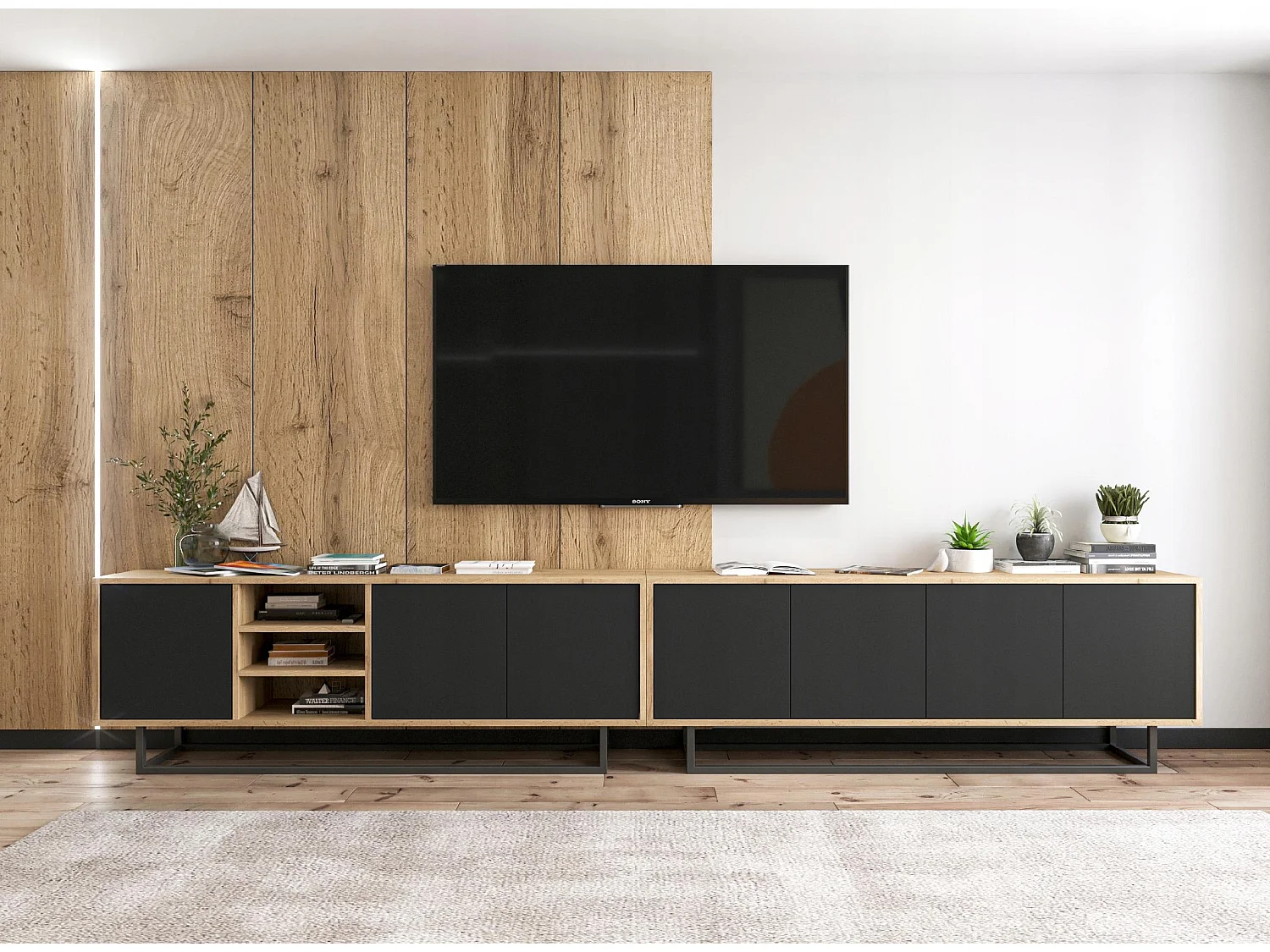 Meuble TV avec 3 portes et 1 niches - carcasse chêne wotan façades noir mat - 150 cm, cadre métallique