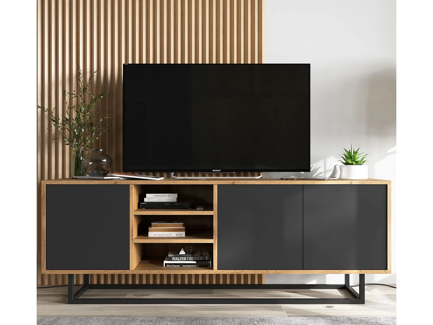 Meuble TV avec 3 portes et 1 niches - carcasse chêne wotan façades noir mat - 150 cm, cadre métallique