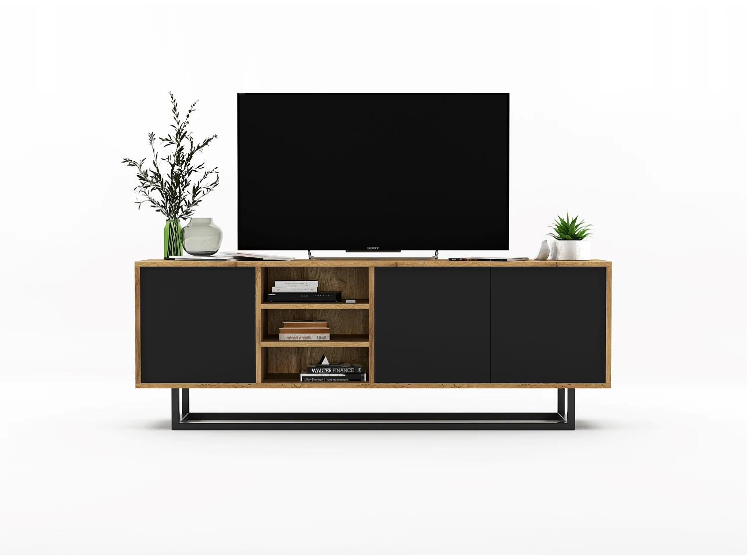 Meuble TV avec 3 portes et 1 niches - carcasse chêne wotan façades noir mat - 150 cm, cadre métallique