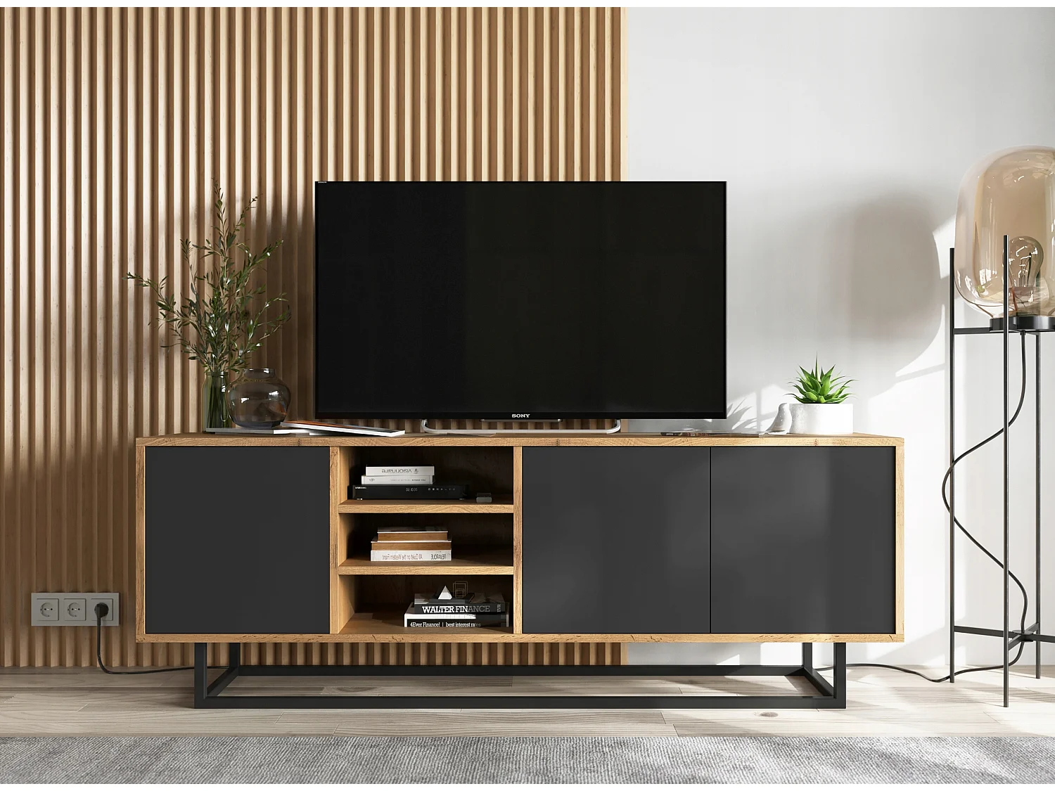 Meuble TV avec 3 portes et 1 niches - carcasse chêne wotan façades noir mat - 150 cm, cadre métallique
