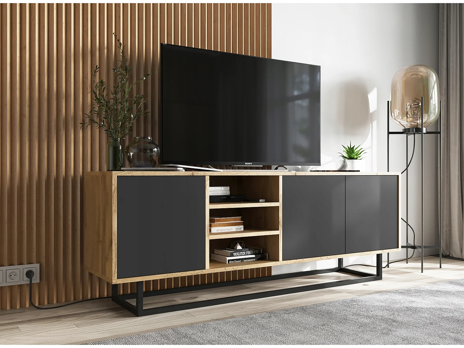 Meuble TV avec 3 portes et 1 niches - carcasse chêne wotan façades noir mat - 150 cm, cadre métallique