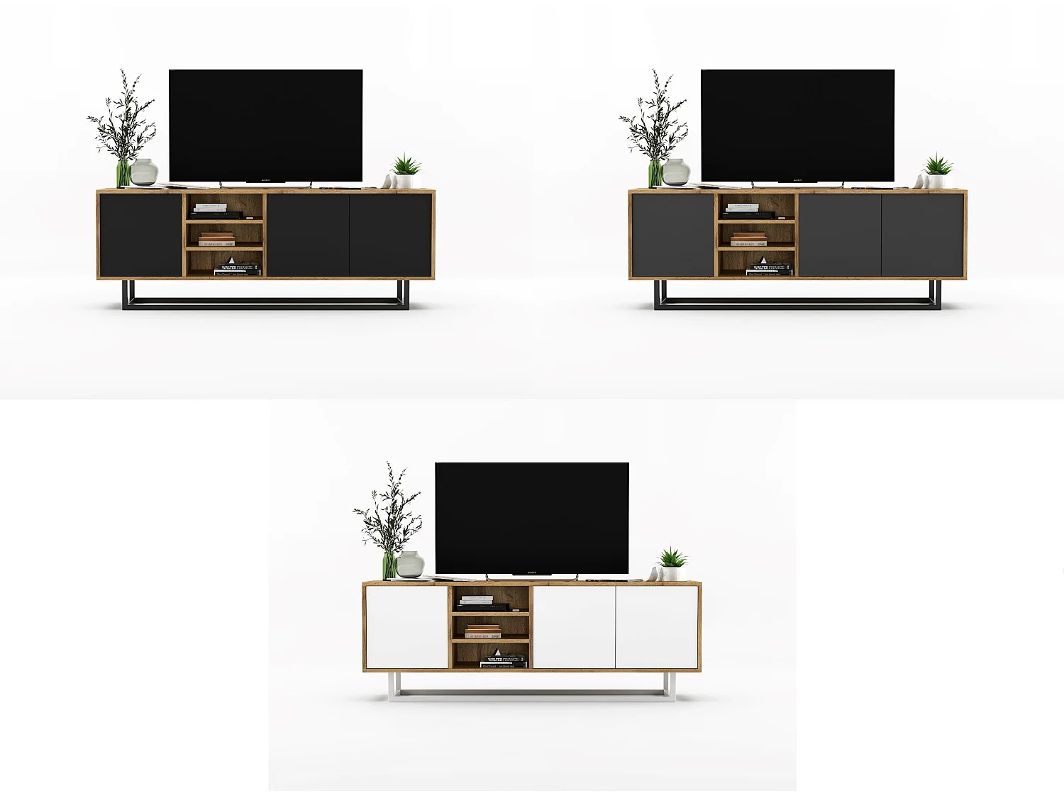 Meuble TV avec 3 portes et 1 niches - carcasse chêne wotan façades noir mat - 150 cm, cadre métallique